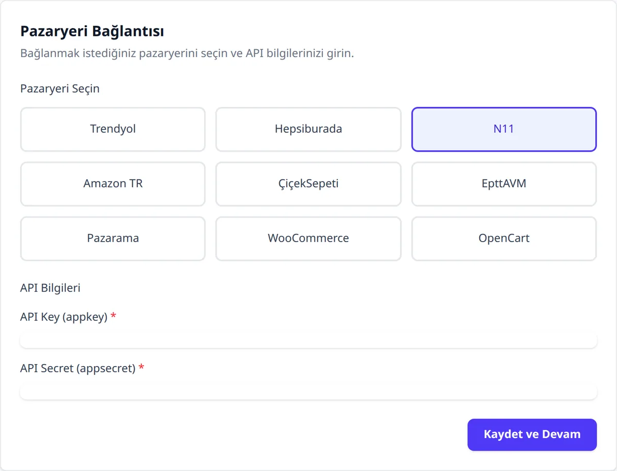 KobiNar kurulum sihirbazında N11 seçiliyken API Key (appkey) ve API Secret (appsecret) alanları