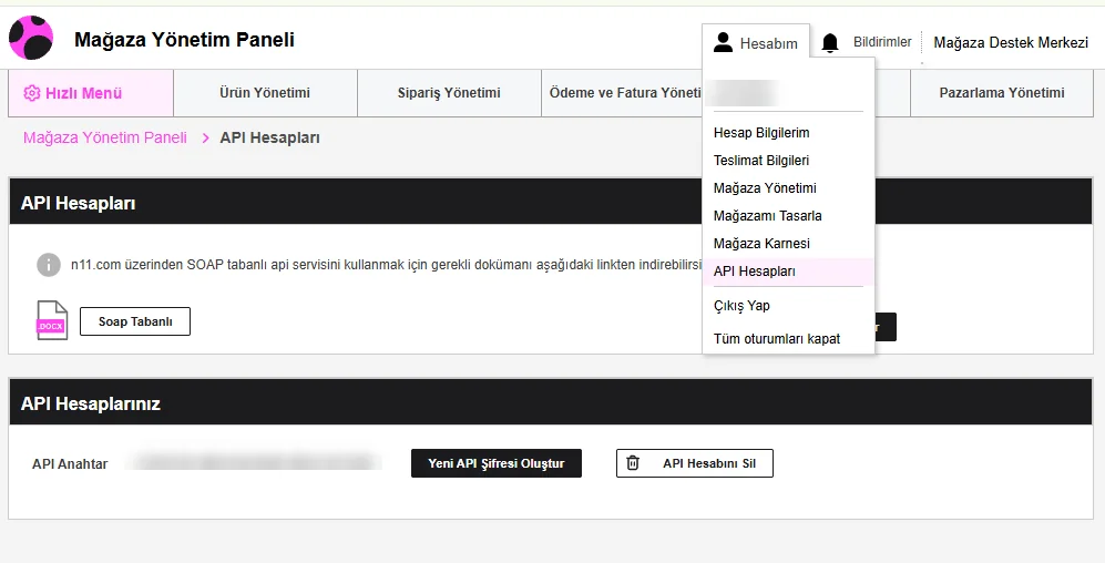 N11 Mağaza Yönetim Paneli'nde Hesabım › API Hesapları sayfası: API Anahtar ve Yeni API Şifresi Oluştur düğmesi