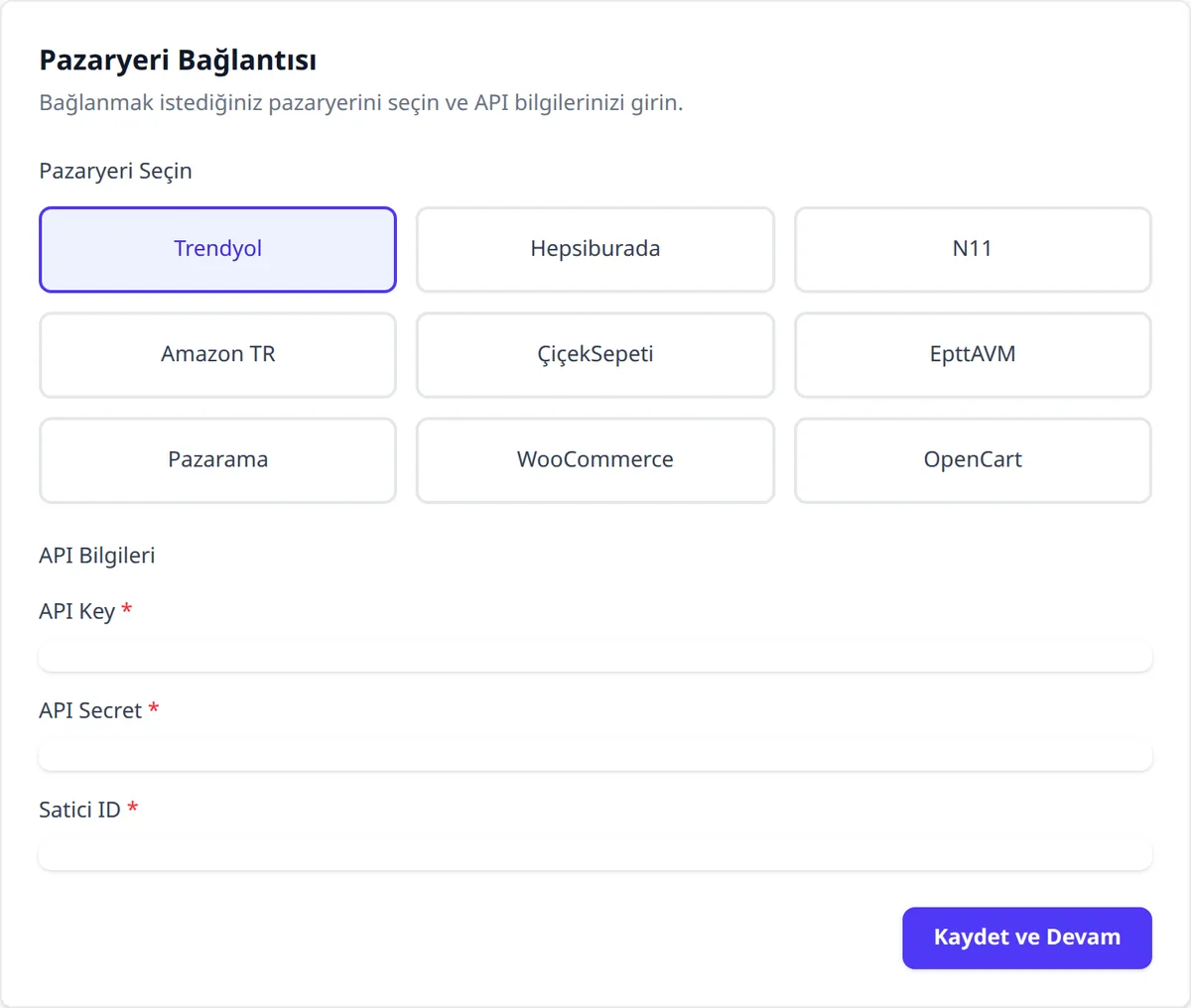 KobiNar kurulum sihirbazında Trendyol seçiliyken API Key, API Secret ve Satici ID alanları